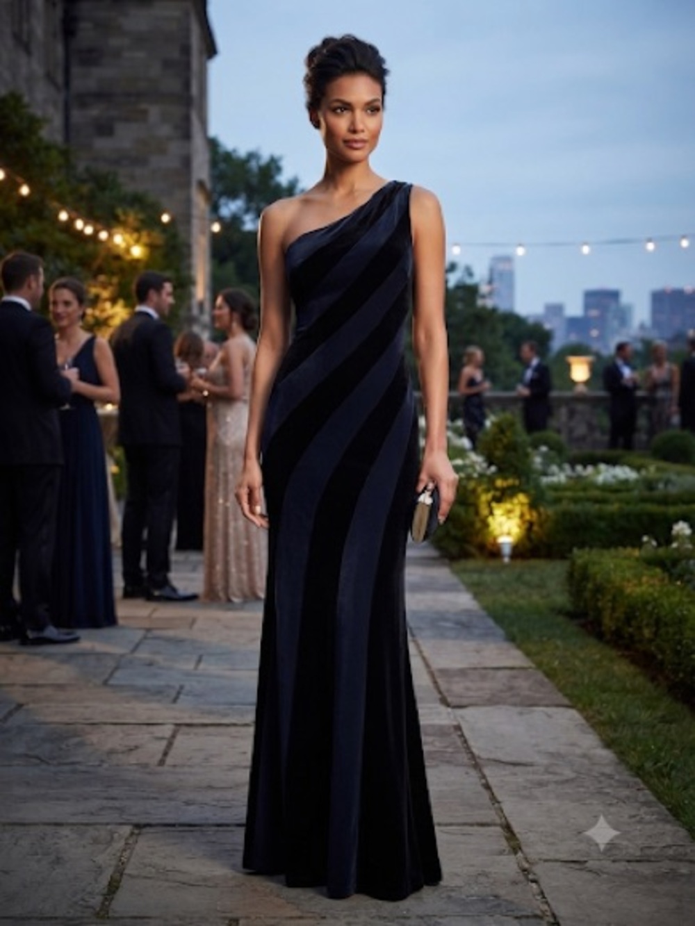 Cache Y2K One-Shoulder Black Navy Striped Maxi Gown